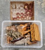 A small quantity of cranberry glasses and other cut glass predominantly wine glasses, a collection
