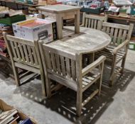 Circular teak garden table with four armchairs and side table (6)  Property of Dunkirk Manor,