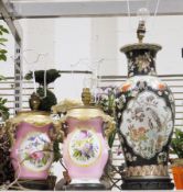 A small quantity of vases/jars converted into lamps to include a black ground Japanese style lamp