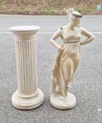 Statue of a woman in classical dress with lead decoration, with classic Grecian column stand