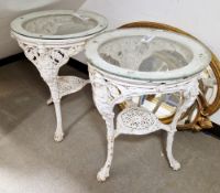 Pair of white painted metal pub tables with acanthus leaf lion mask rose and britannia decoration to