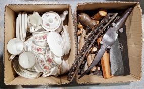 Quantity of wooden animals to include rhinos, camels, etc, a cased compass set, a cased sewing