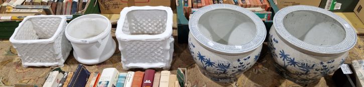 Five jardinieres, two blue and white floral decorated examples, two white glazed bamboo-effect