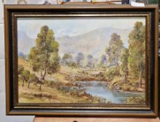 Five various framed pictures to include Firler, mountain scene with a wooden chalet by a lake,