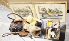 Three ceramic figurines of children, a handbag and a small collection of purses, three vintage