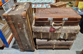 Two canvas, wood and metal bound suitcases, another canvas example and a leather example (4)