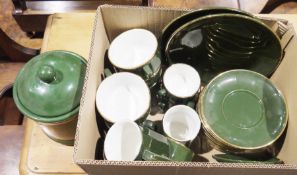 A part tea service by Apilco, green and gold and a quantity of cut glass wine glasses (3 boxes)