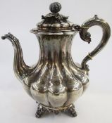 William IV silver coffee pot, baluster shape and panelled with melon and foliate finial, scroll