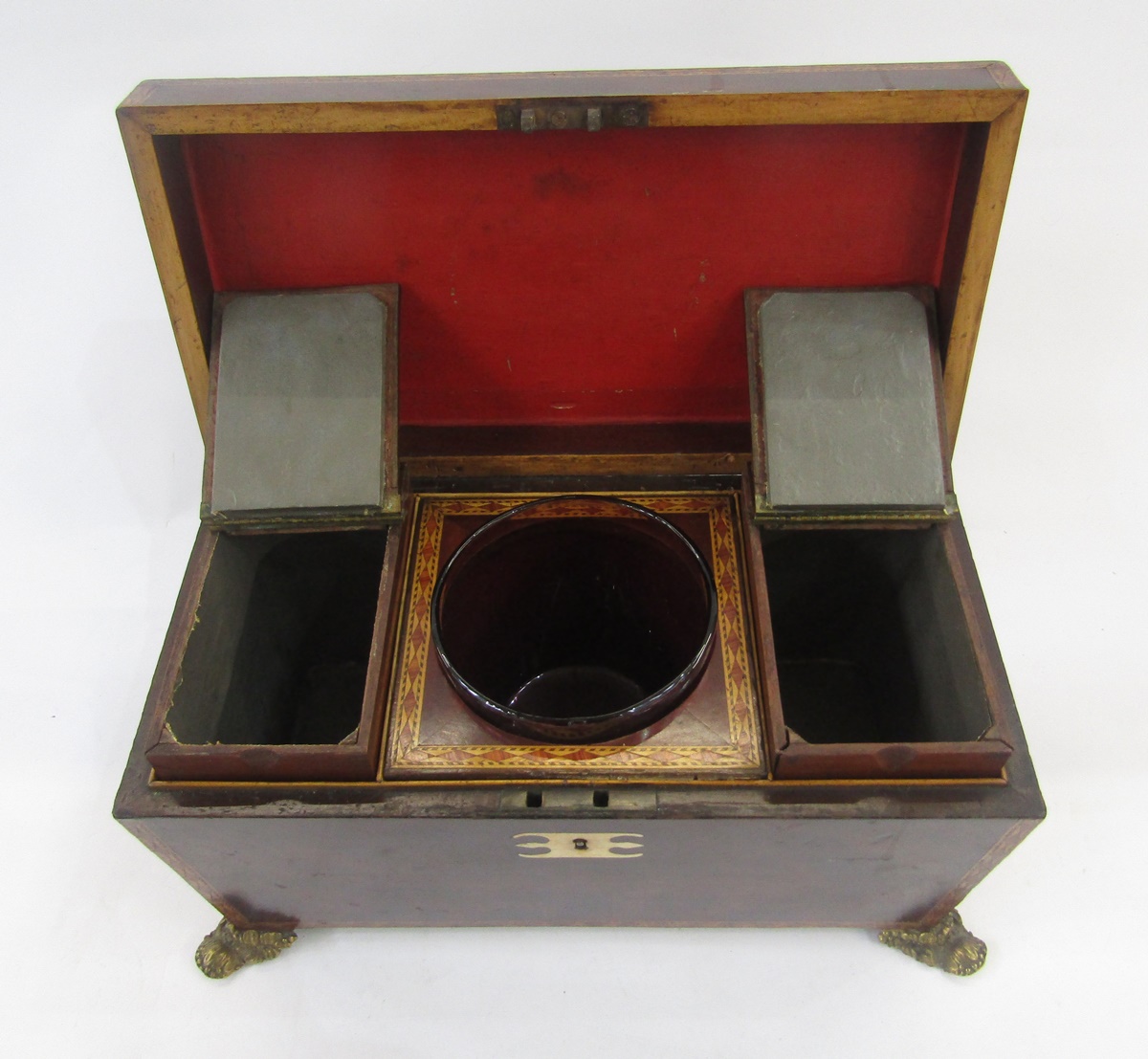 Regency inlaid mahogany tea caddy, sarcophagus shaped, with lozenge inlaid borders, gilt metal - Image 3 of 6