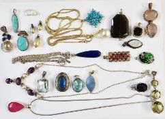 Quantity silver pendants and necklaces to include turquoise, pearl, quartz (1 box)