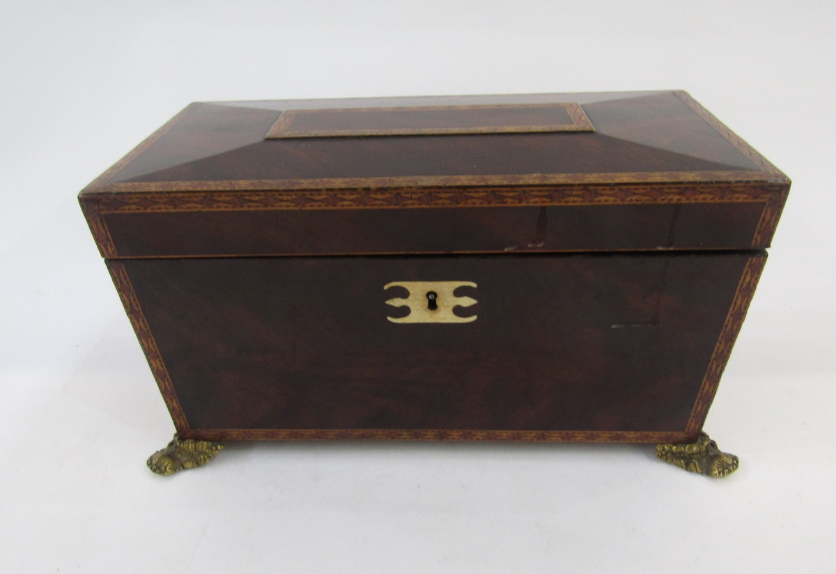 Regency inlaid mahogany tea caddy, sarcophagus shaped, with lozenge inlaid borders, gilt metal - Image 2 of 6