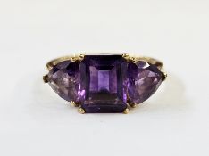 9ct gold and amethyst dress ring set with three stones, finger size N