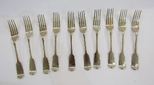Set of 10 Victorian silver table forks, London 1872, maker's mark SS, each with engraved crest to
