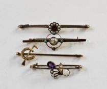 Gold-coloured bar brooch set with a central blister pearl surrounded by four turquoise, unmarked,