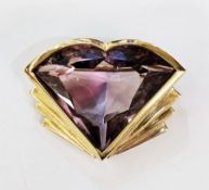 9ct gold winged heart brooch set with pale amethyst and bi-coloured smokey quartz stone