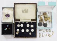 Silver and mother of pearl cufflink and stud set in fitted case, a pair of silver cufflinks set with