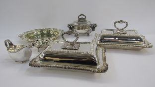 Pair of silver plated serving dishes and covers of rectangular form with gadrooned borders and shell