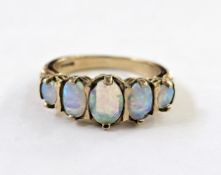 9ct gold and opal ring set five oval stones (one chip), finger size N1/2