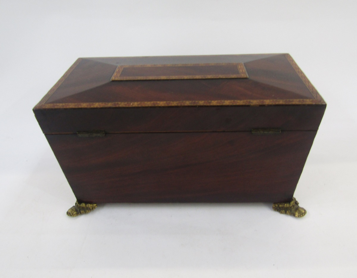 Regency inlaid mahogany tea caddy, sarcophagus shaped, with lozenge inlaid borders, gilt metal - Image 4 of 6