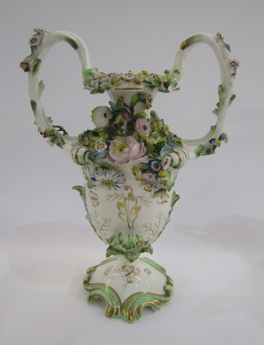 Pair of English porcelain Coalbrookdale two-handled rocaille flower-encrusted vases, circa 1835, - Image 2 of 4