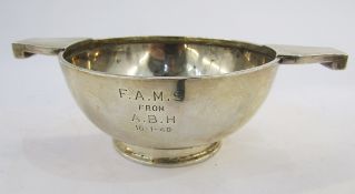 Indian white metal quaich, Calcutta, Hamilton & Co, of plain form with twin solid handles,