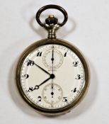 Early 20th century Movado chronograph pocket watch, the enamel dial with Arabic numerals denoting