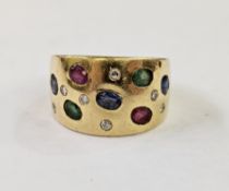 18ct gold dress ring set multiple coloured stones and small diamonds in flush setting, weight 11gms,