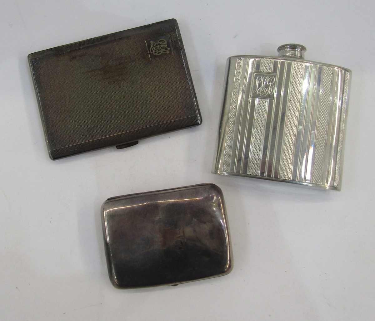 Small silver cigarette case, curved, Chester 1899, 9cm, two silver bottle mounts, a white metal - Image 3 of 3