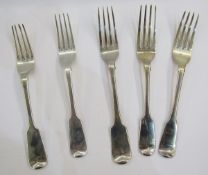 Matched set of five 19th century silver table forks, fiddle pattern, various dates and makers, 12ozt