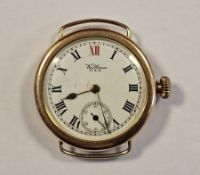 Early 20th century 9ct gold cased trench style wristwatch, the enamel dial with Roman numerals