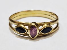 Gold coloured metal blue and pink stone ring, set three elliptical shaped stones, size M 1/2
