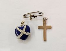 Small 9ct gold cross and enamelled gold-coloured metal pin with flag, and a 14K gold lapis heart