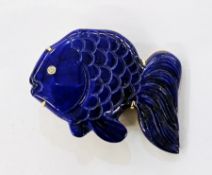 Gold-coloured metal, lapis and small diamond fish brooch