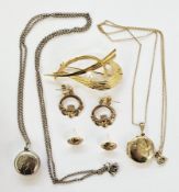 Pair of 9ct gold stud earrings set with pendant drops of hands and hearts, a 9ct gold locket of
