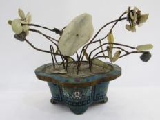 Chinese hardstone and wirework model water lily plant in cloisonne enamel quatrefoil jardiniere with