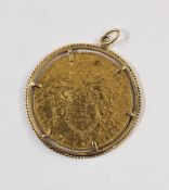 Austrian for Ducat gold coin, 1915, in gold-coloured ropetwist coin mount, unmarked, total weight