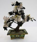 Chinese hardstone and jade bonsai tree in rectangular cloisonne enamel pot, on bracket feet, 21cm