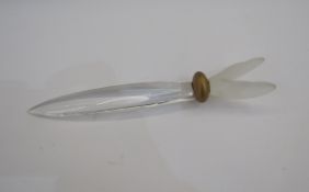 Lalique glass paper knife, the terminal modelled as a frosted pair of wings with gilt knop beneath