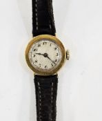 18ct gold cased lady's watch, hallmarked 1920, the silvered face with Arabic numerals, on brown