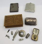 Small silver cigarette case, curved, Chester 1899, 9cm, two silver bottle mounts, a white metal