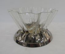 Carr's of Sheffield sunburst shaped glass bowl held on a silver stand with wooden base, Sheffield