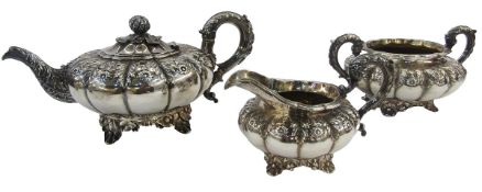 George IV silver three-piece teaset with teapot, two handled sugar basin and cream jug, each piece