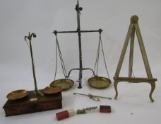 Pair of steel balance scales by Youngs London with brass pans, another pair of balance scales by