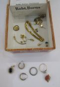 9ct gold small signet ring (broken), quantity gold-coloured metal earrings, other gold-coloured