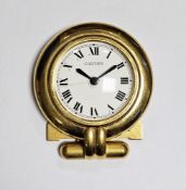 20th century Cartier gilt metal cased desk clock, the circular dial having Roman numerals denoting