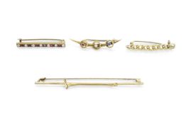 15ct gold, diamond, sapphire and ruby bar brooch, the crescent set with single cut diamond, sapphire