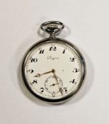 Longines open faced pocket watch, the enamel dial with Roman numerals denoting hours, seconds