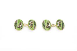 Pair of 18ct gold cufflinks of oval form, enamelled with a bassett hound in a garden, with chain