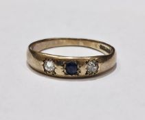 Gold, sapphire and diamond ring, set single sapphire and two old cut diamonds, size L 1/2, weight