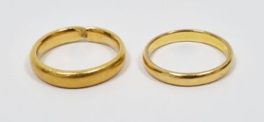 Two 22ct gold wedding bands, hallmarked (one clipped), 11.3 grams gross